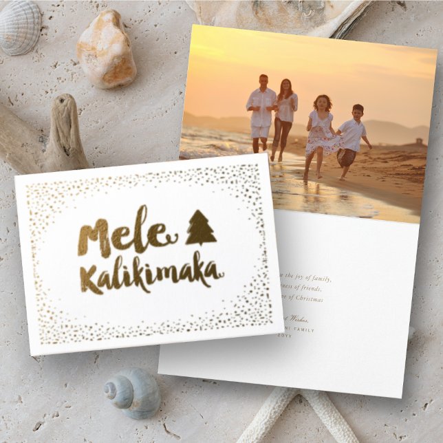 Mele Kalikimaka Confetti Chic julfoto Folierat Kort (Mele Kalikimaka Christmas Greetings Holiday Foil Pressed Card @ www.zazzle.com/store/fat_fa_tin)
