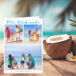 Mele Kalikimaka Family Brev Beach jul Helgkort<br><div class="desc">Chic anpassade-strandfamiljens fotokollage julkort med dina favorittropiska foton i sol och brev inuti. Lägg till 3 av dina favoritminnen från din ö-semester till kusten på framsidan och ett på baksidan. Ett vackert kustkort med ett rent,  modernt fotografformat och ett söt blått helgdag.</div>
