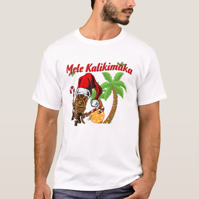 Mele Kalikimaka God jul Hawaiian Tiki Gud T Shirt (Framsida)