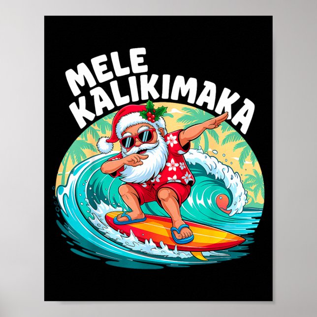Mele Kalikimaka Hawaiian Christmas Santa Surfing B Poster (Framsidan)