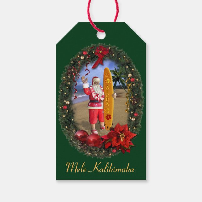 Mele Kalikimaka Hawaiian Santa Presentetikett (Framsidan)