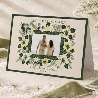 Mele Kalikimaka Hawaiiansk Blommig Familjefoto Helgkort