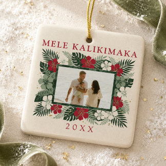 Mele Kalikimaka Hawaiiansk Hibiskus Familjefoto Julgransprydnad Keramik