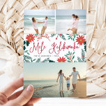 Mele Kalikimaka | Hawaiiansk julfoto Collage Julkort<br><div class="desc">Skicka semesterhälsningar till vänner och familj,  ön-stil,  med våra tropiska helgdag. Utformningen har tre favoritfoton med den hawaiiska julen hälsning "Mele Kalikimaka" i mitten i rödhandsformat typografi,  uppflätad med vibranta röda poinsettia-blommor och holly-löv. Anpassa med namn och året därunder.</div>