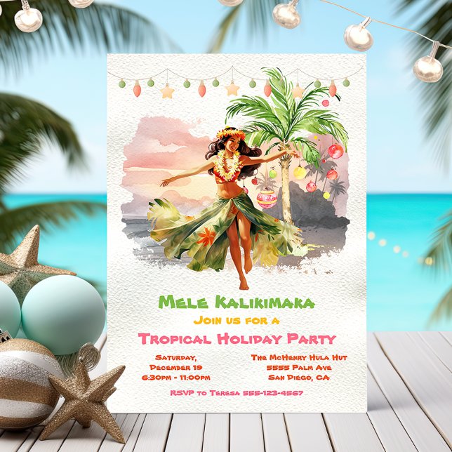 Mele Kalikimaka Hula Girl Tropical Julfest Inbjudningar (Skapare uppladdad)