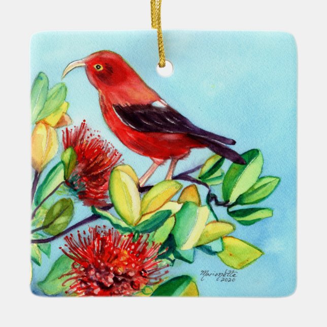 Mele Kalikimaka Iiwi Bird och Ohia Lehua Flower Julgransprydnad Keramik (Framsida)