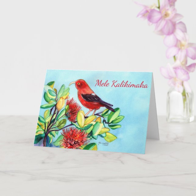 Mele Kalikimaka Iiwi Bird och Ohia Lehua Flower Kort (Orkide)