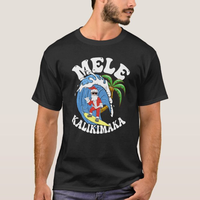 Mele Kalikimaka juljuls Surfa Santa Surfing T Shirt (Framsida)