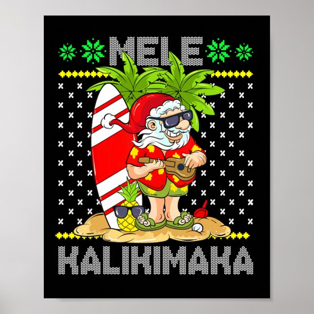 Mele Kalikimaka Jultomten Surfer Guitar Hawaiian Poster (Framsidan)