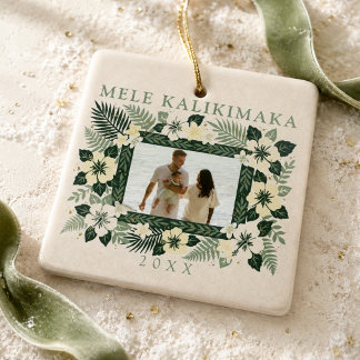 Mele Kalikimaka Neutral Hawaiiansk Blommig Foto Julgransprydnad Keramik