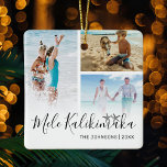 Mele Kalikimaka Photo Collage Julgransprydnad Keramik<br><div class="desc">Elegant Hawaiian christmas-prydnadsämne med tre fotosamlingar av din underbara familj,  "mele kalikimaka",  två havsstjärnfiskar teckning,  din familj namn och året.</div>