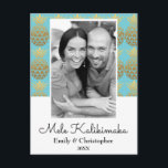 Mele Kalikimaka Pineapple julfotoport Helg Vykort<br><div class="desc">Mele Kalikimaka Faux Foil Guld och Aqua Blue Pineapple jul Blue Black and White Photo Card. Detta hawaiiska julkort är perfekt för ett tropiskt julkort.</div>