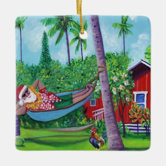 Mele Kalikimaka Santa on Vacation in Hawaii Julgransprydnad Keramik (Framsida)