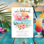 Mele Kalikimaka Tropical Beach Cocktails jul Julkort<br><div class="desc">Det tropiska temat platta julkort har en solnedgång i vattenfärgen,  cocktails,  hibiscus-blommor och handflatan-löv med texten "Mele Kalikimaka" i handskriven stil-skrift.</div>