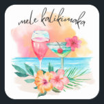 Mele Kalikimaka Tropical Beach jul Cocktail Fyrkantigt Klistermärke<br><div class="desc">De tropiska julklistermärkena har en solnedgång i vattenfärgen,  cocktails,  hibiscus blommor och handflatan löv med ett hawaiiskt "Mele Kalikimaka" hälsning i handskript.</div>