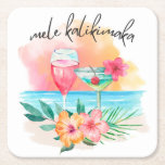 Mele Kalikimaka Tropical Beach jul Cocktail Underlägg Papper Kvadrat<br><div class="desc">Juldryckskycklingar med tropiska teman har en solnedgång i vattenfärgen,  cocktails,  hibiscus blommor och handflatan löv med ett hawaiiskt "Mele Kalikimaka" hälsning i handskriftsskript. Perfekt till jul och helgdag cocktail party.</div>