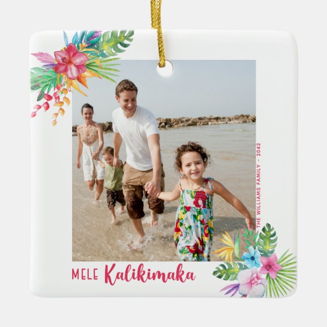 Mele Kalikimaka Tropical Flowers Photo jul Julgransprydnad Keramik (Framsida)