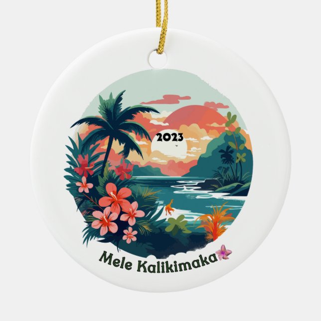 Mele Kalikimaka Tropical Island 2023 Label Julgransprydnad Keramik (Framsidan)