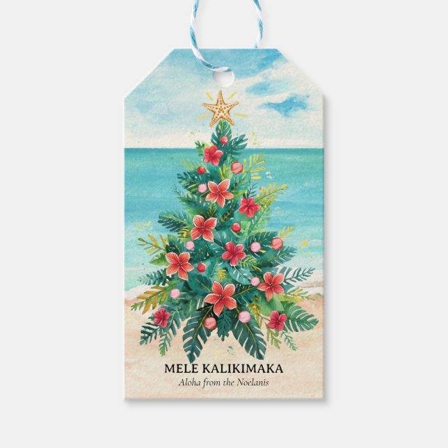 Mele Kalikimaka Tropisk Strand Palmljus Jul Presentetikett (Framsidan)