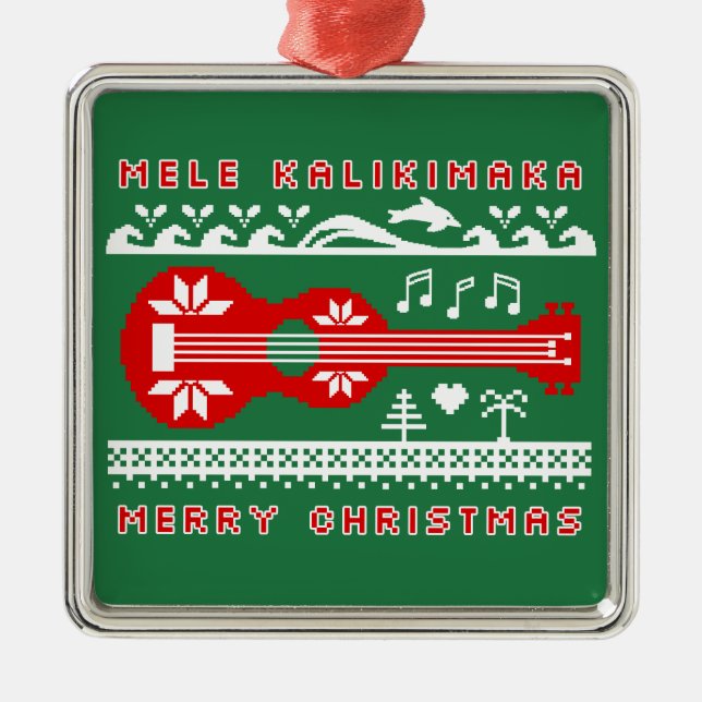 Mele Kalikimaka Ugly Sweater (Röd på Grönten) Julgransprydnad Metall (Framsidan)