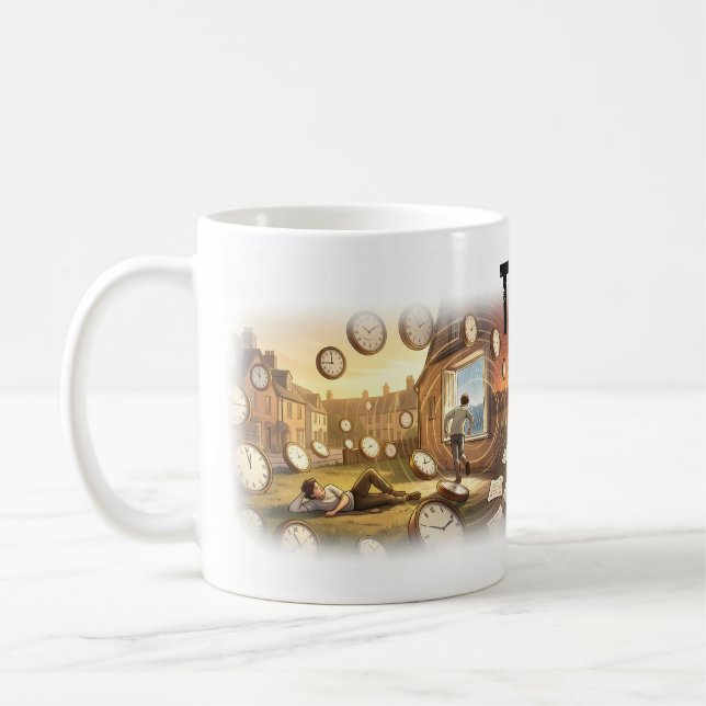 Mellan klockor och en brinnande horisont-mugg kaffemugg (Vänster)