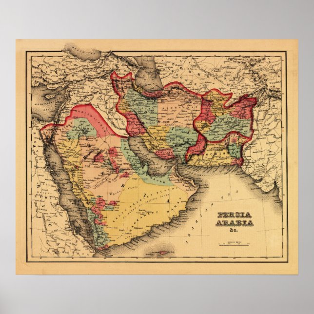 Mellan östern ’Persia Arabia’Panoramic Karta Poster (Framsidan)