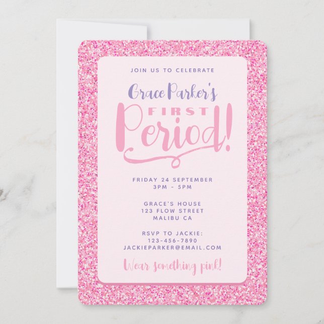 Mellan Rosa Glitter Cute Girly First Period Party Inbjudningar (Framsida)