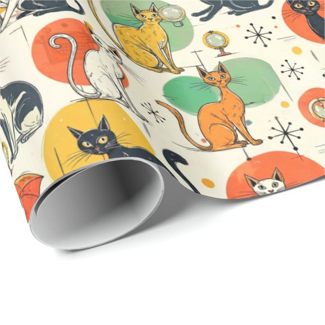 Mellanålders Atomålder Katter Retro Mönster Presentpapper (Rullad Hörn)