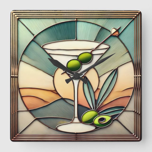 Mellanårhundradets glasmålning 2 Olivemartini Fyrkantig Klocka (Framsida)
