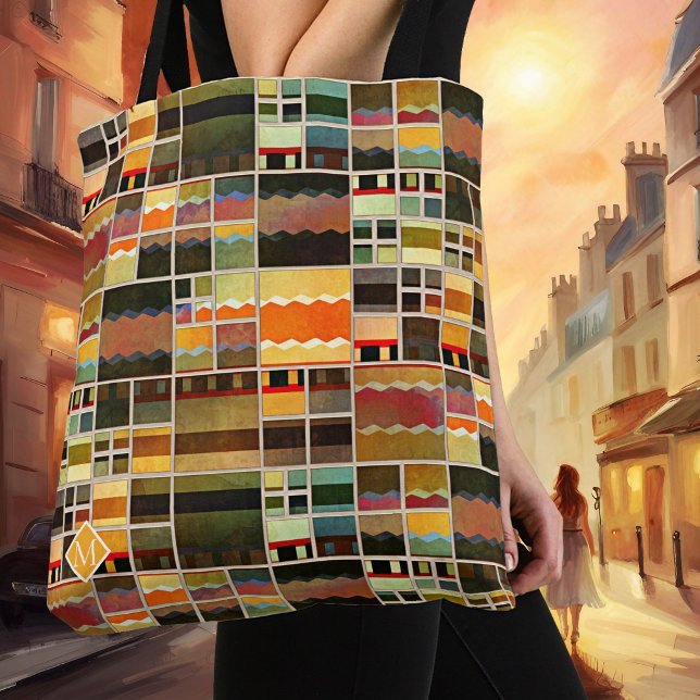 Mellanårhundradets moderna geometriska abstrakta k tygkasse (Tote bag featuring a vibrant geometric pattern in stained glass style)