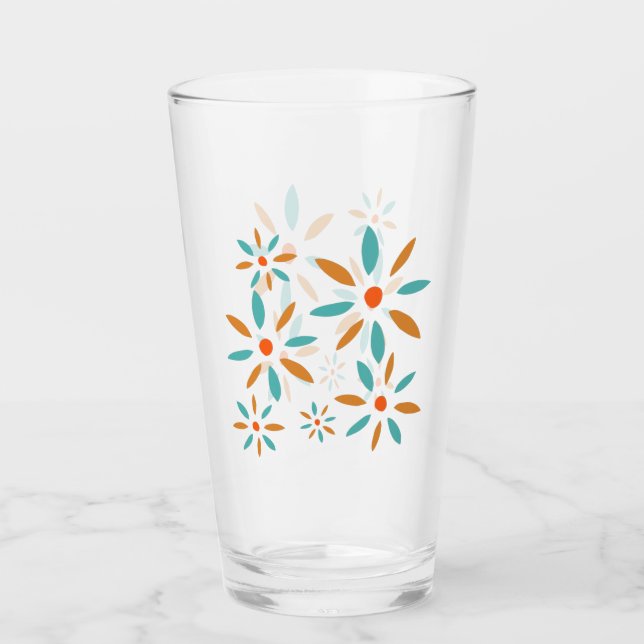 Mellandags Turkos Blå Och Orange Abstrakt Blommor Glaskopp (Framsida)