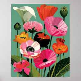 Mellandagsmodern Poppyblomma Väggkonst
