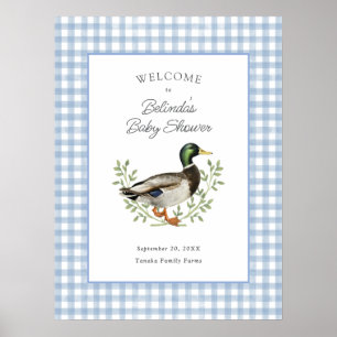 Mellandand blå gingham baby shower välkommen poster