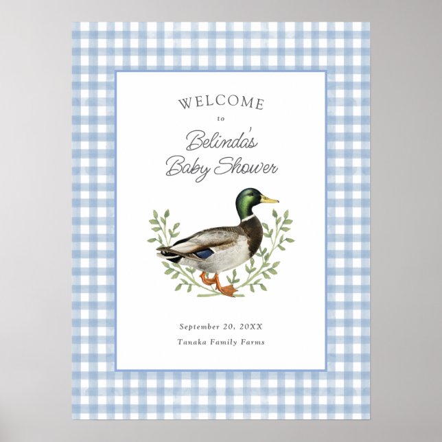 Mellandand blå gingham baby shower välkommen poster (Framsidan)