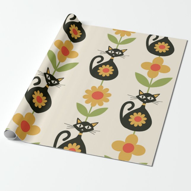 Mellandecentida atomkatter med retro orange blommo presentpapper (Utrullad)