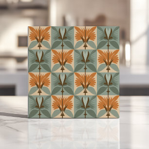 Mellandekonst Floralmönster i Orange och Blå Kakelplatta