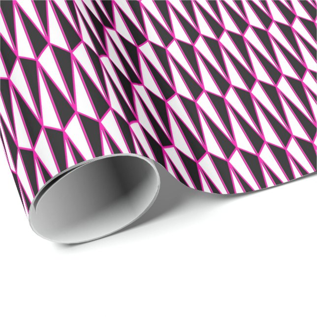 Mellandekorativ geometrisk, svart, vit, varmt rosa presentpapper (Rullad Hörn)