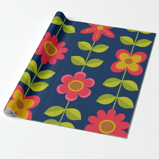 Mellandekorativa röda blommor med blad   presentpapper (Utrullad)