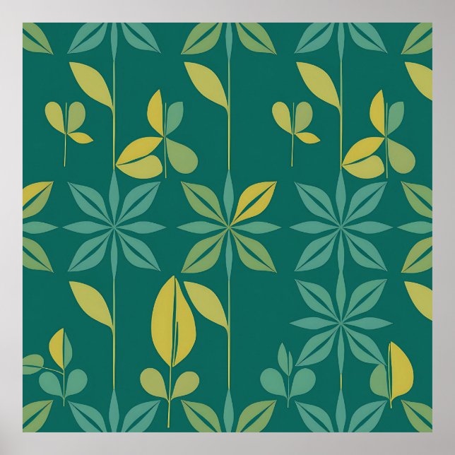 Mellandemodern Teal Botanisk Geometrisk Blad Poster (Framsidan)