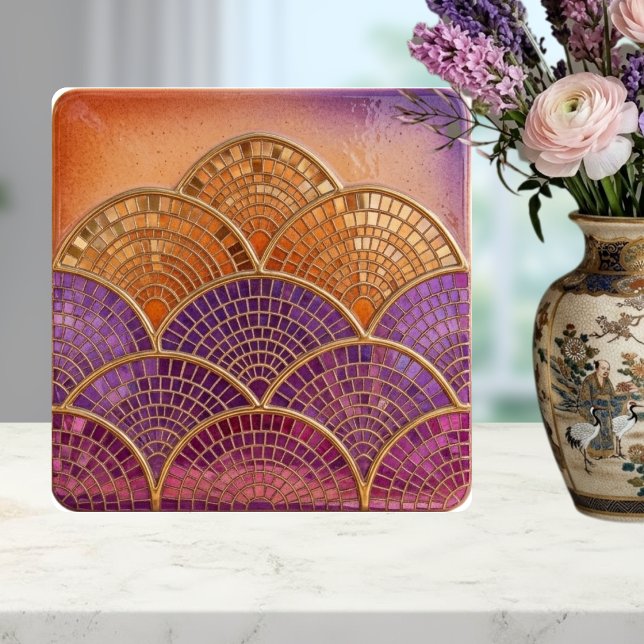 Mellandesign Skalad fläkt lila orange Kakelplatta (Skapare uppladdad)