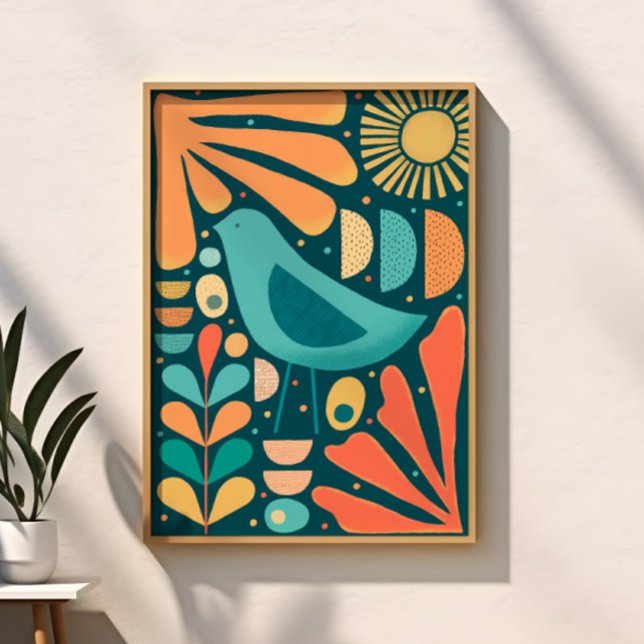 Mellanmodern design med fågel och blad poster (Mid Century Modern Inspired Bird and Leaves Poster)