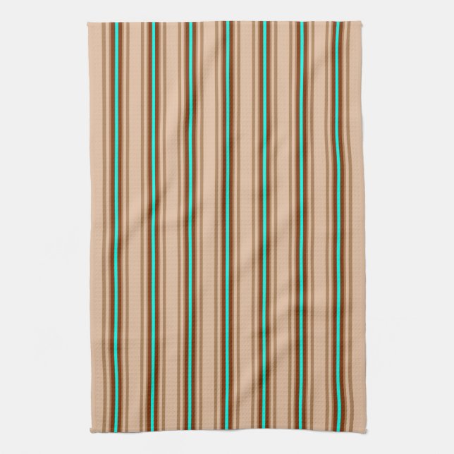 Mellanmodern Ränder, Tan. Brun och Aqua  Kökshandduk (Vertikal)