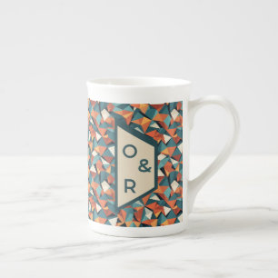 Mellantida geometriskt teal- och orange-mönster benporslin mugg