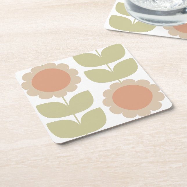 Mellantida Pastell Rosa Retro Blommönster Underlägg Papper Kvadrat (Vinklad)