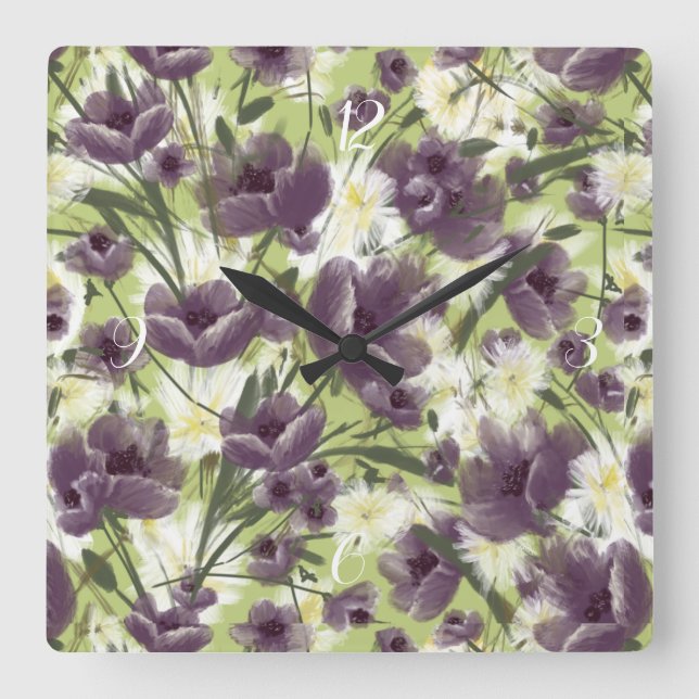 Mellow Garden Lila Poppies Clock Fyrkantig Klocka (Framsida)