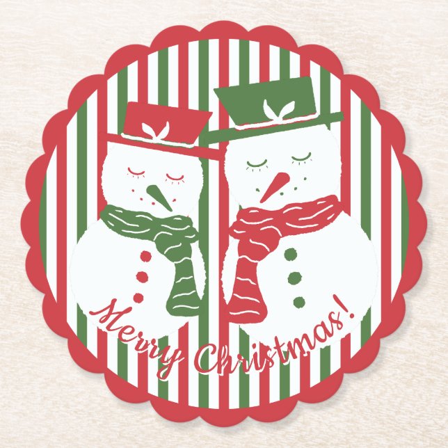 Mellow Snowmen - Xmas red green stripes snowman. Underlägg Papper (Framsida)