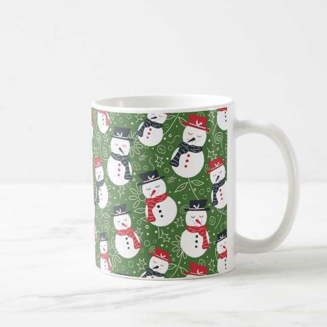 Mellow Snowmen - Xmas red on green pattern. Kaffemugg (Höger)
