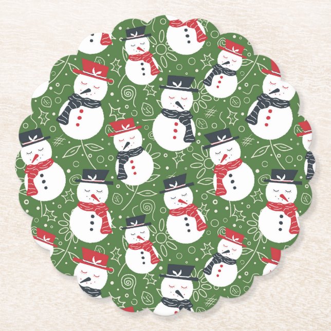 Mellow Snowmen - Xmas red on green pattern. Underlägg Papper (Framsida)
