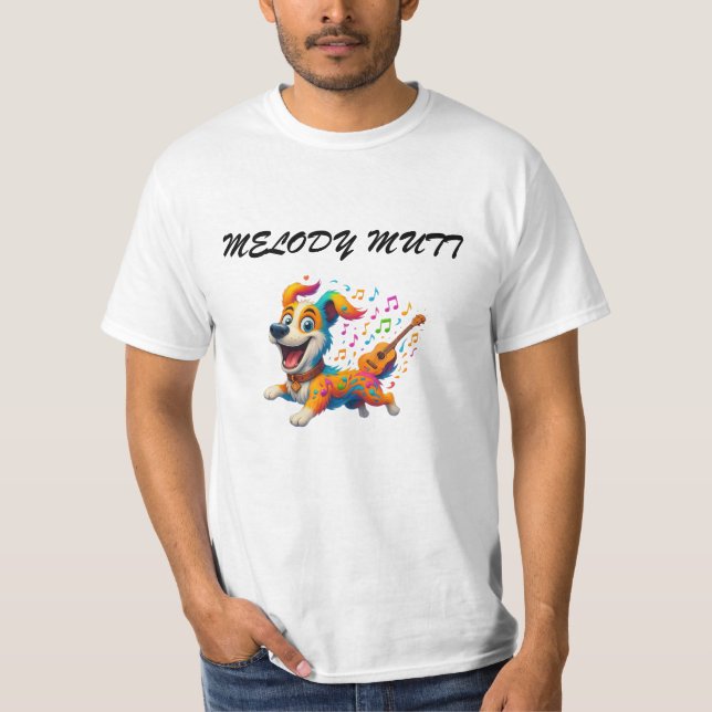 "Melody Mutt" T-shirt - Whimsical Musikalisk Hundd (Framsida)