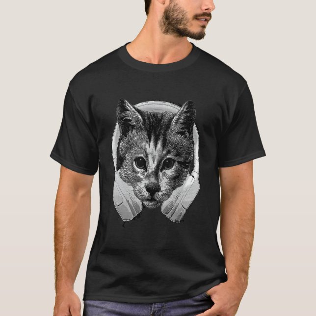 Melomane Cat with Dj Audio Headset Roligt Kitten H T Shirt (Framsida)